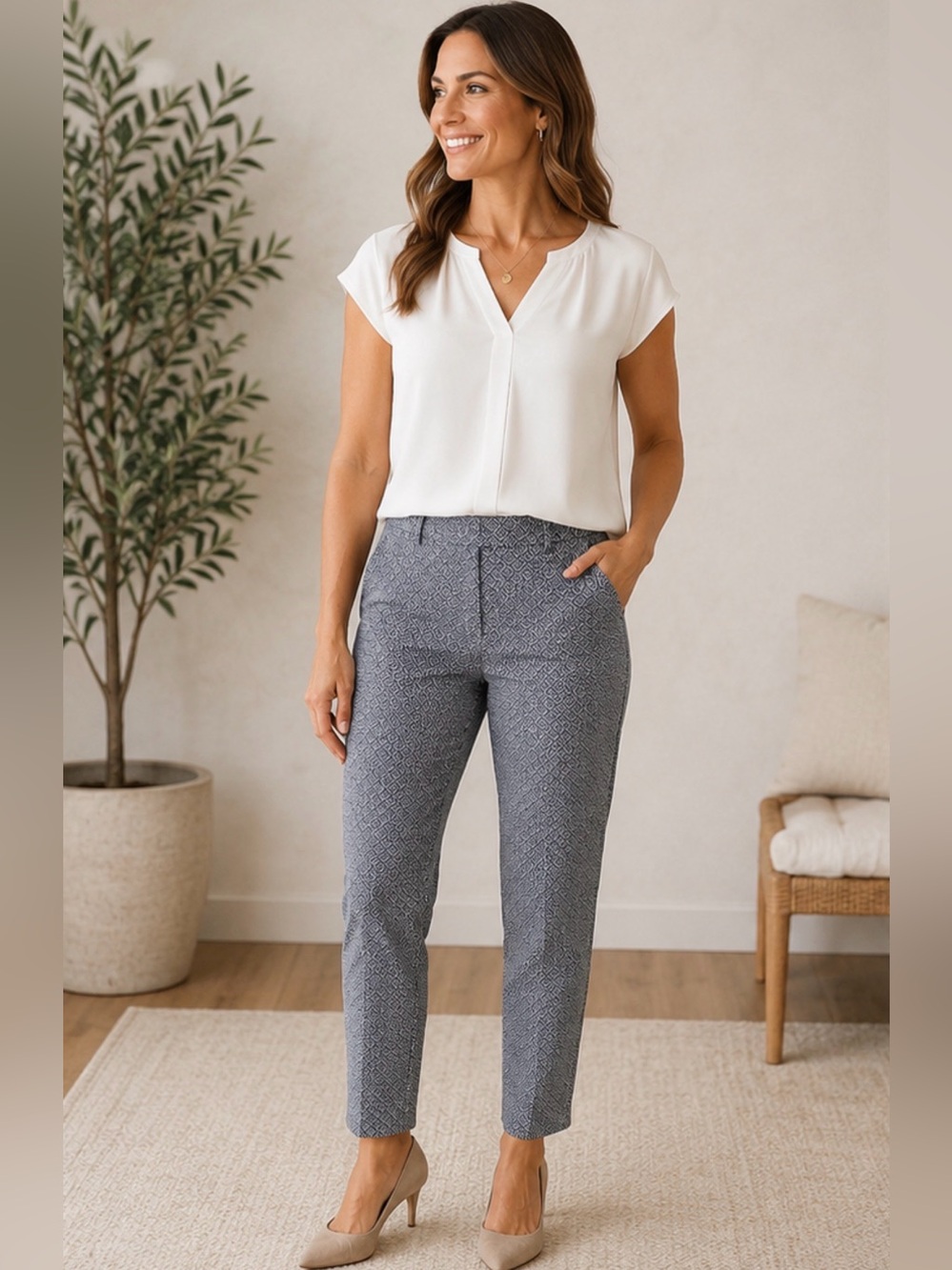 Geo Print Slim Ankle‎ Pants | Stretch Career Trousers Office Chic Workwear Pants